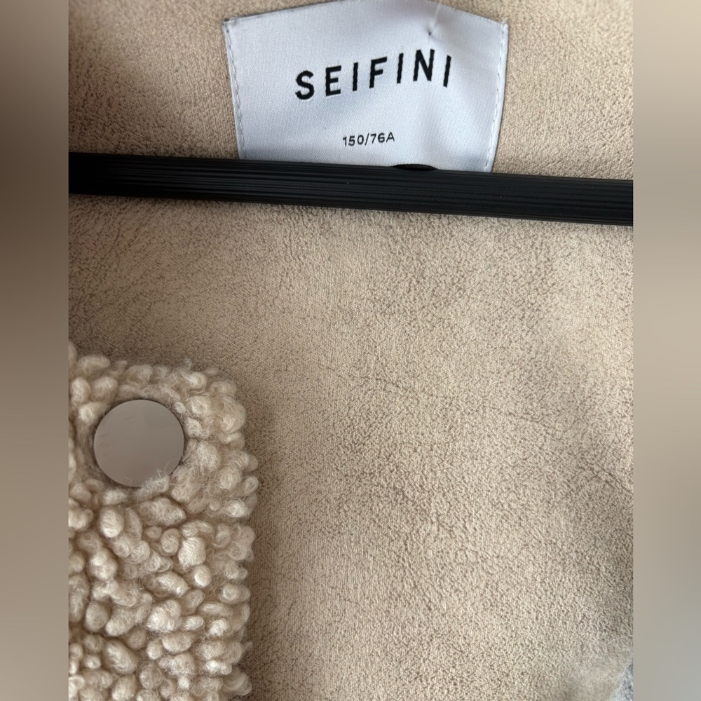 SEIFINI cropped Sherpa Teddy Jacket XS Beige Cozy Hooded Zip Snap Fleece Soft - Picture 13 of 13